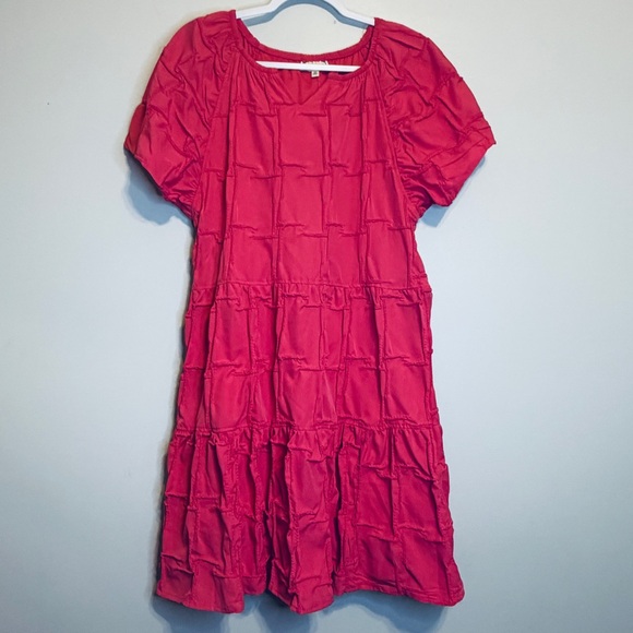 Cloth & Portrait Dresses & Skirts - Textured Hot Pink Mini Dress with Puff Sleeves